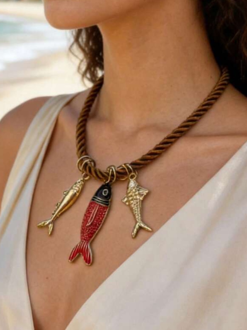 Charm Rope Necklace with Gold and Red Fish Charms R 582